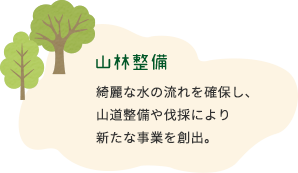 山林整備 綺麗な水の流れを確保し、山道整備や伐採により新たな事業を創出。